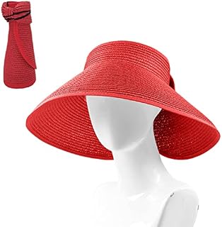 SDYGDB Foldable Straw Sun Visors Rollable Ladies Wide Brim Straw Sun Visor Hat Adjustable Topless Summer Beach Hat Roll-Up UV Protection Beach Cap for Women Girls Summer Beach Travel(gules)
