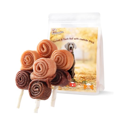 Pawmate Triple Flavor Dog Treats Chicken Duck Rawhide Lollipops, Long Lasting Rawhide Sticks Dog Chews in Fun Shape, High Protein Healthy Chewy Training Snacks for Medium Large Dogs, 4 Counts, 10.6 oz
