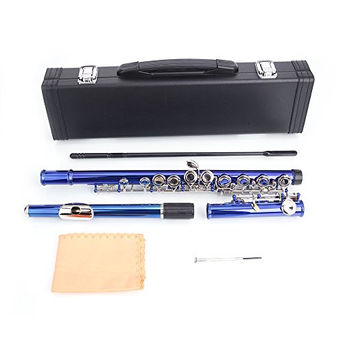 Closed Hole Flute,C Flute,Nickel Plated Beginner Flute Concert Band With E Key With Case, Cleaning Kit,Musical Instrument For Kids, Nickel Student Flute (Blue) #TOP7