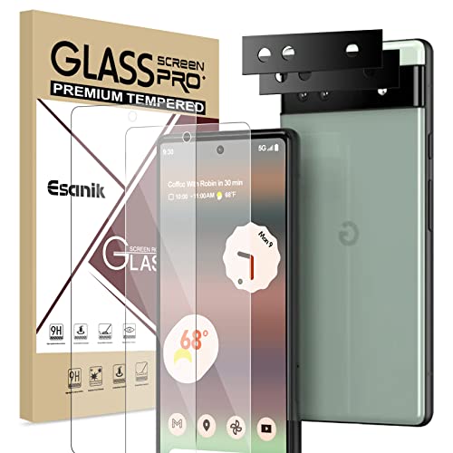 Esanik Google Pixel 6a ガラスフィルム 指紋認証対応 【4枚セット】 強化ガラスフィルム2枚+カメラフィルム2枚付き 旭硝子製素材 硬度9H 高透過率 気泡防止 自動吸着 撥水撥油 ラウンドエッジ加工 ケース対応 高光沢 ピクセル6A 保護フィルム クリア Pixel 6aフィルム