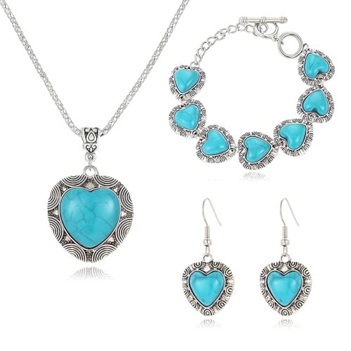 RLHRNDE Bohemian Turquoise Jewelry for Women Men Handmade Bohemian Western Love Chunky Necklaces Bracelet and Statement Earrings Aesthetic Vintage Western Boho Turquoise Anniversary Birthday Friendship Valentine's Day Gift (Green)