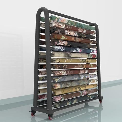 Commercial Fabric Roll Storage Rack with Adjustable Hanging Rod, Movable Heavy Duty Steel Organizer Holder with Wheels for Vinyl Spool/Wallpaper/Window Film/Tablecloth Rolls Displays(18 rods,172x45x17
