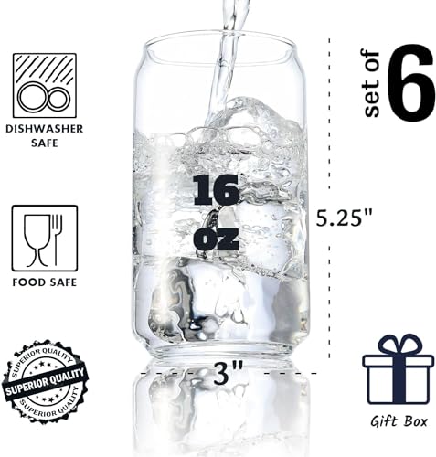 BENETI Modern Can Shaped Beer Glass Cups, Drinking Glasses Set of 6 | Made in Europe | 16oz Beer, Water, or Juice Kitchen Glassware Set