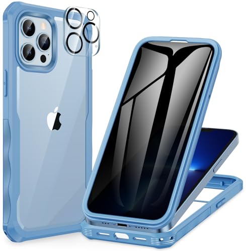 CENHUFO for iPhone 13 Pro Max Case Privacy Phone Cover with Built-in Anti Peep Tempered Glass Privacy Screen Protector and Camera Protective Full Body Shockproof Spy Clear Double Bumper - Blue