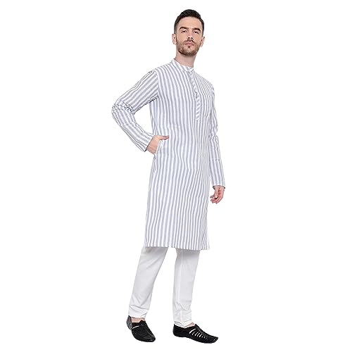 Image of LATEST CHIKAN Broad Striped Cotton Men's Long Kurtas