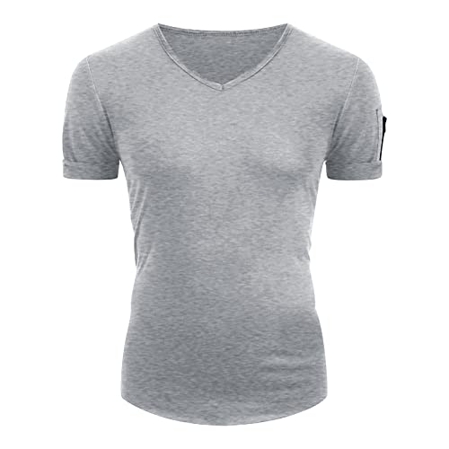 Maiyifu-GJ Men's Muscle Workout V Neck Tee Athletic Bodybuilding Short Sleeve Shirts Stretch Slim Fit T Shirts with Zipper (Light Grey,Medium)