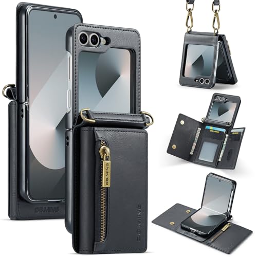Étui portefeuille Galaxy Z Flip 7 en cuir mat noir avec bandoulière