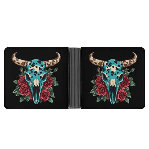 Rose Bull Skull Bifold Wallet for Men Women PU Leather Slim Purse Pocket Wallet with Card Holder