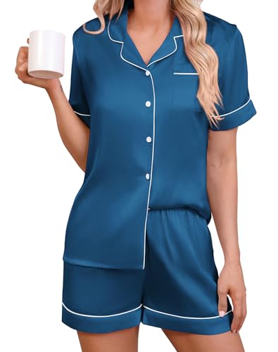 KCW Pajamas for Women Set 2 Piece Silk Satin Lounge Sets Short Sleeve Top and Shorts Pj Set Button Down Sleepwear