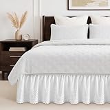 Vocander White Eyelet King Size Bed Skirt 14 Inch Drop Easy to Put On,Elastic Wrap Around Dust Ruffle for Bed Frame & Mattress,Embroidered Scalloped Edge