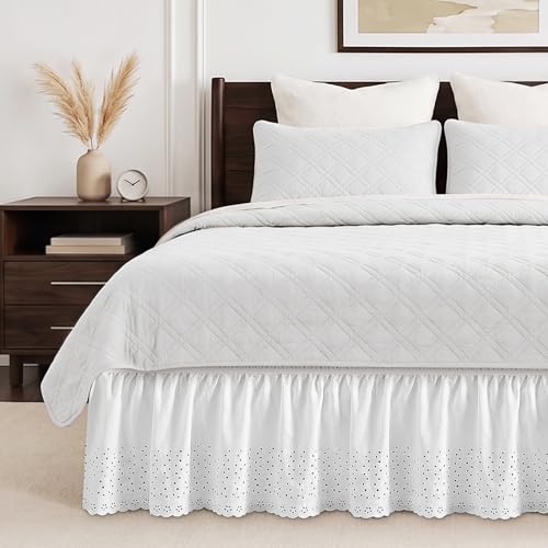 Queen Bed Skirt 14" Drop, Elastic Wrap Eyelet Embroidery Dust Ruffle White