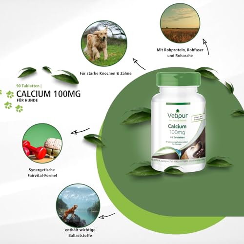 Fairvital | Vetipur Calcium 100mg aus Calciumcitrat, Futterergänzung für Hunde, 90 Tabletten, für Knochen, Zähne und Muskulatur