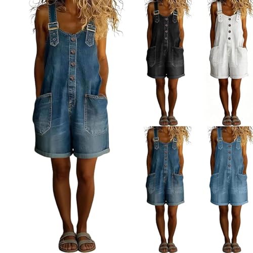 Novlewign Womens Denim Shortalls Y2K Button Front Casual Adjustable Straps Wide Leg Loose Bib Jean Overalls Shorts Romper Jumpsuits with Pockets