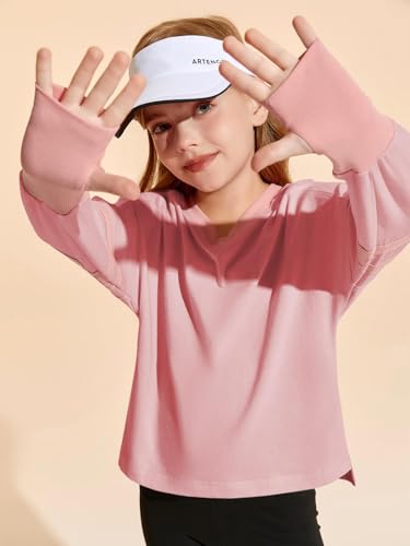 Image of Haloumoning Girls Sweatshirt Casual Long Sleeve V Neck Cute Tops Kids Oversized Tshirts with Thumbholes 4-14Y Pink, 5-6 Years