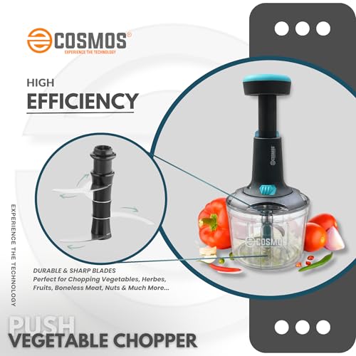 Image of E-COSMOS Manual Food Chopper, 900ml Hand-Press Vegetable Cutter & Mixer with 4 Stainless Steel Blades, Ideal for Onions, Salads, and Potatoes, Ocean Blue (Ocean Blue)