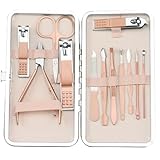 AYBUY Maniküre Set, 12-teiliges Nagelknipser Nagelpflegeset, Edelstahl Pflege Werkzeuge Mit PU Ledertasche, Professionelle Rundum Hand Fußpflege Kit für Damen & Herren, Roségold