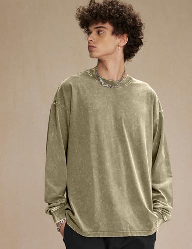 COZYPOIN Men's Acid Wash Tshirts Shirts Oversized Vintage Long Sleeve Pullover Crewneck Sweatshirt Khaki4