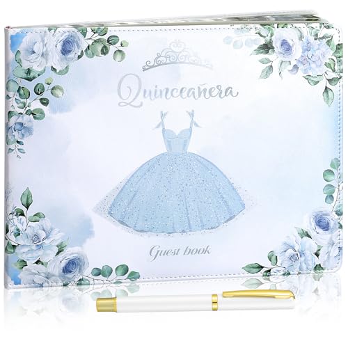 Image of MotiMind Quinceanera Guest Book with Pen 11 x 8 Inch Libro De Firmas Para 15 Anos Quinceanera Leather Hardcover Signature Book Guest Sign in for 15th Party Favors Decoration(Blue,Skirt)