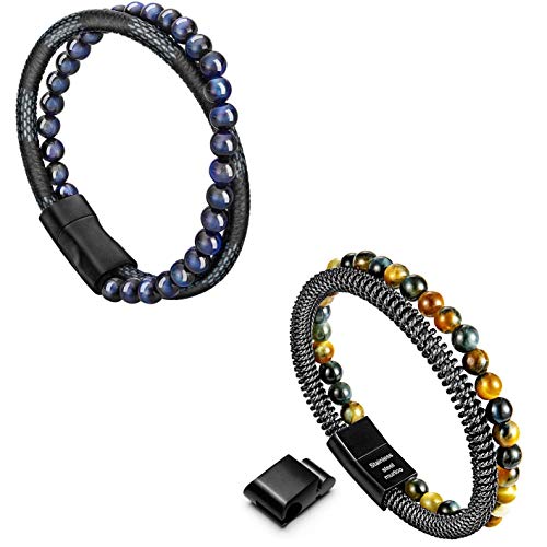 Murtoo Mens Bead Leather Bracelet and Bead Steel Chain Bracelet