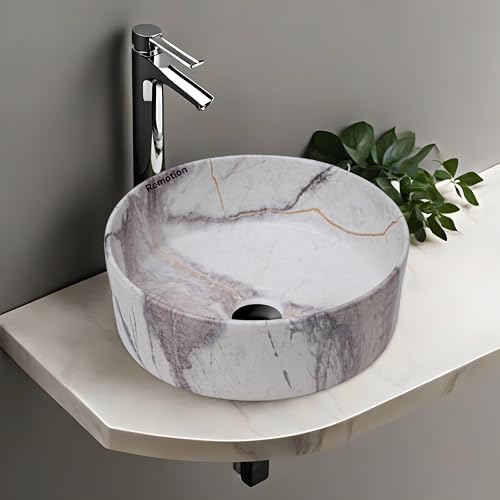 Image of REMOTION Round Countertop Wash Basin For Bathroom | Tabletop Ceramic Bathroom Sink | Wash Basin Over Counter | Wash Basin For Living Room, Resturent (12.5 x 12.5 x 5 Inch) (Designer Grey)