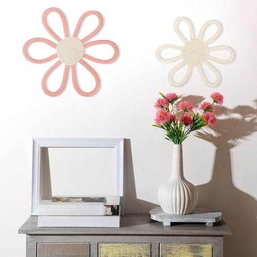 Image of Gerrii Boho Nursery Decor for Girl Daisy Flower 9. 8 and 7. 8 Inch Woven Macrame Wall Hanging Daisy Flower Bohemian Nursery Wall Decor for Baby Girls Kids Bedroom Dorm(Pink, White,2 Pcs)