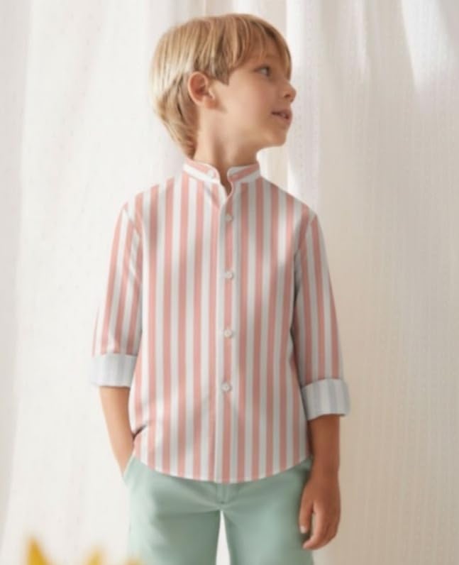 Image of A.T.U.N. (ALL THINGS UBER NICE) Boys 100% Cotton Band Collar Shirt | Soft Fabric with Button Front Style & Roll-Up Sleeves | Comfortable Casual Kids Shirt