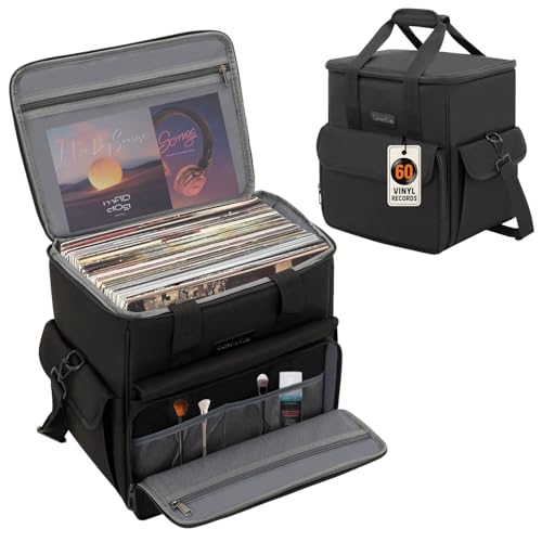Vinyl Record Carry Bag Holds up to 60 LP Records, Padded Album Storage Case