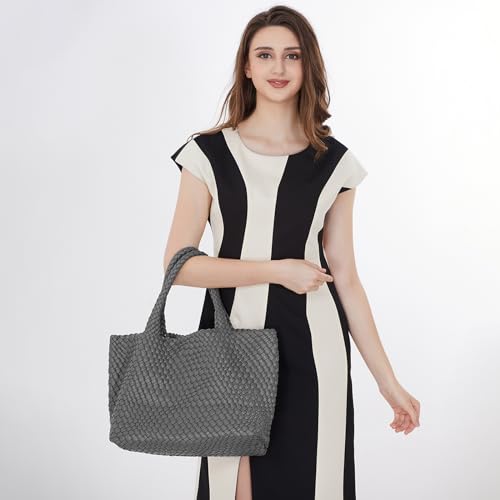 Image of Woven Tote Bag Womens Purse Vegan Leather Shoulder Handbags Fashion Summer Beach Tote Bags Large Travel Totes