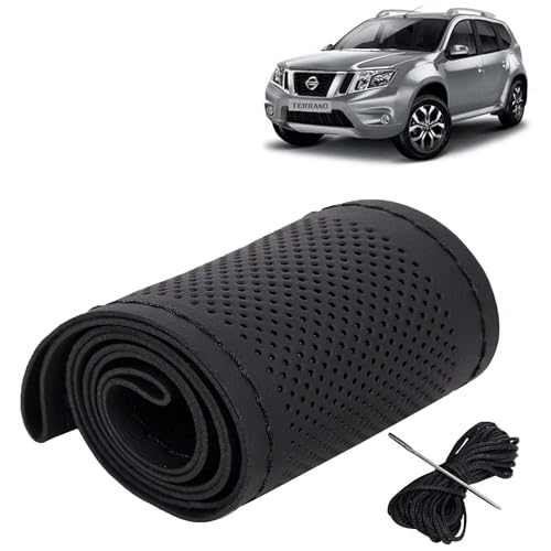 Image of KINGSWAY PU Leatherite Car Steering Cover Sewable Compatible with Nissan Terrano (Year 2009-2018), Black Color with Black Thread, Pack of 1 with Sewing Needle and Thread