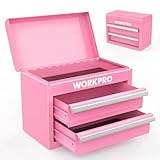 WORKPRO Mini Metal Tool Box with 2 Drawers and Top Storage, Small Tool Chest with PVC Liners and PP Feet Pads, Cold Rolled Steel Toolbox with Magnetic Tab - Pink Ribbon