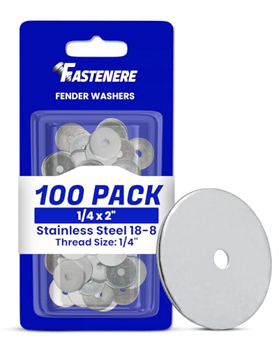 Fastenere Fender Washers 1/4 x 2 (100 Pack), Large Diameter, 18-8 Stainless Steel Plain Finish, Corrosion Resistant, High Tensile Strength Metal Hardware for Automotive and Construction Projects