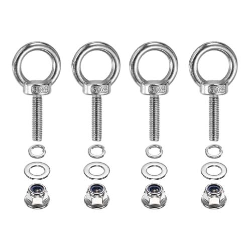 Image of PATIKIL M6 x 25mm Shoulder Eye Bolt, 4 Pcs 304 Stainless Steel Lifting Ring Threaded Eye Bolt with Flange Lock Nuts Spring and Flat Washers for Hanging Tie Down Straps Outdoor Indoor