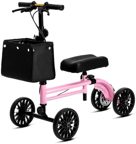 VitaSophy Knee Scooter with Disc Brake System, Steerable Knee Walker for Adults for Foot Surgery, Broken Ankle, Foldable Rover Scooter for Broken Foot Injured Leg Crutch (Pink)