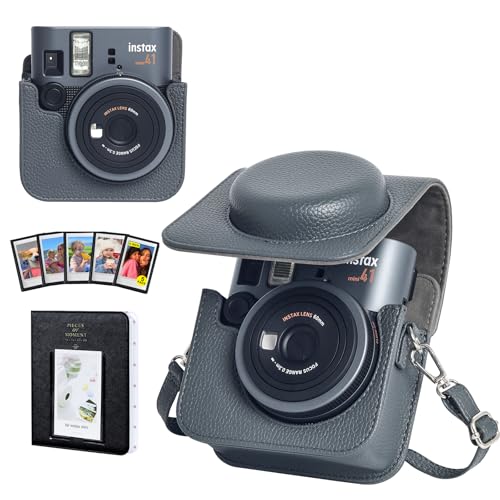 CAIYOULE Mini 41 �J�����P�[�X Fujifilm Instax Mini 41�p ���g��PU���U�[�ی�N���X�{�f�B�o�b�O �t�H�g�A���o��64���Ǝ��C�t���[��5���t�� �O���[