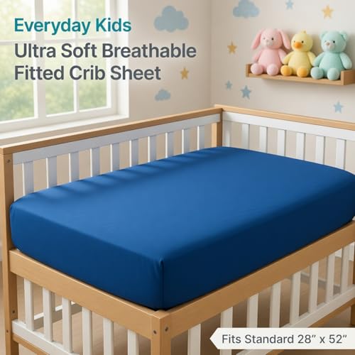Image of Everyday Kids Fitted Crib Sheet, 100% Soft Breathable Microfiber Baby Sheet, Fits Standard Size Crib Mattress 28in x 52in, Royal Blue Nursery Sheet