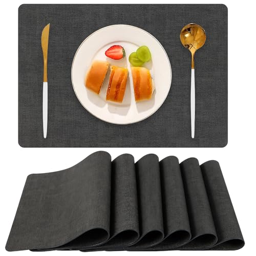 Boobezeen Faux Leather Placemats Set of 6, Heat Resistant Wipeable Washable Vinyl Place Mats, Waterproof Anti-Slip Dining Table Mats, Suitable for Indoor & Outdoor Use (Dark Grey)