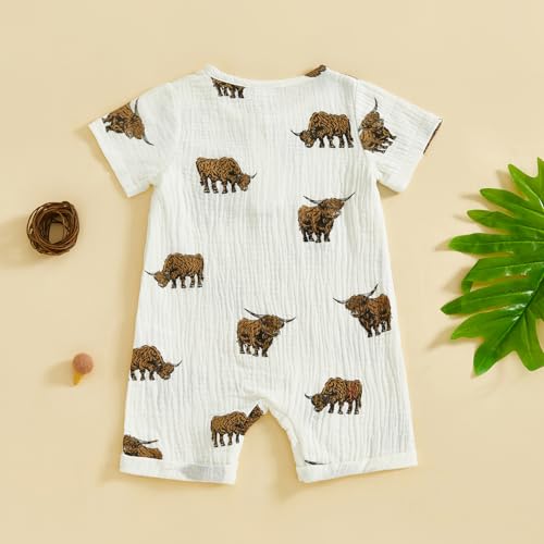 Chloefairy Newborn Baby Boy Western Clothes Highland Cow Romper Short Sleeve Cotton Linen Jumpsuit Cowboy Summer Outfit3