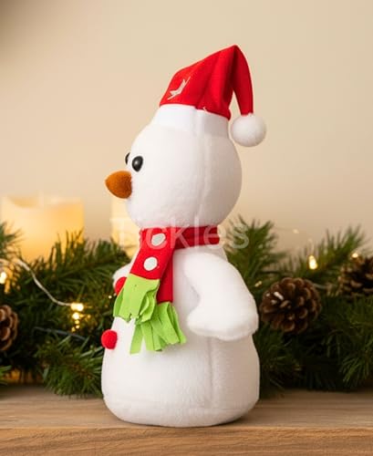 Image of Tickles Christmas Snowman with Santa Cap and Muffler Soft Stuffed Plush Toy for Kids Room (Color: White Size: 25 cm)