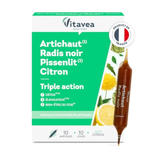 VITAVEA BIEN-ETRE - Detox Bien être du Foie Elimination - Complément Alimentaire, Digestion, Confort Intestinal, Draineur - Artichaut Radis Noir Pissenlit Citron - 10 ampoules - Fabriqué en France