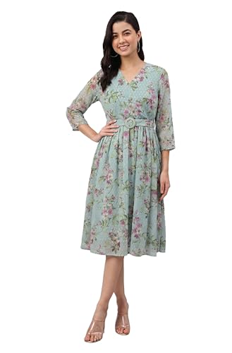 Image of Janasya Women's Dobby Georgette Floral Printed Fit & Flare Dress