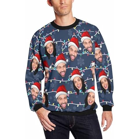 Artsadd Custom Ugly Christmas Sweater with Face All Over Print Funny Sweatshirt Blue Sweatshirt Hoodie for Men Women Party Cover