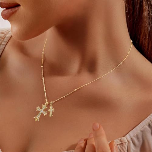 Double Cross Necklace 18K Gold Plated Cross Pendant Necklace Diamond Big Cross Charm Link Chain Choker Delicate Faith Jewelry4