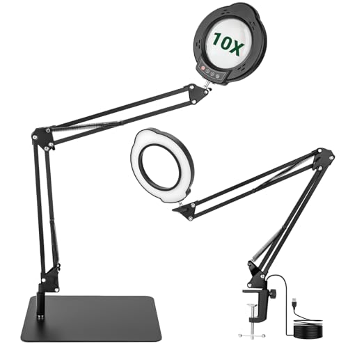WISYOK Lupe mit Licht und Ständer 10x LED Lupenleuchte mit Groß Schwenkarm 5 Farbmodi 10 Stufenlos Dimmbare 2in1 Lupenlampe mit Klemme und Basis Leselupe für Senioren Tischlupe Sehbehinderte