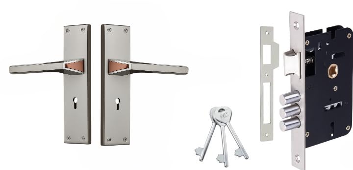 Image of Mortise Door Lock Handle Set | 8 inch steel lockset 1015 KY | 6 lever 65mm Double turn Lock Mechanism | Suitable for Left & Right Handed Living Room Doors, Bedroom Door (SS /Rose Gold Finish)