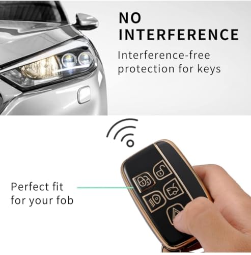 Image of TPU Car Key Cover Black & Golden Fit for Jaguar F-PACE F-Type Range Rover XF XJ XE, Discovery, Evoque, Velar, Sport, Defender (Land Rover & Jaguar, 5 Button Push Smart Key)