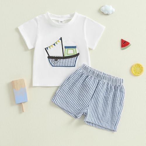 Toddler Baby Boy Summer Outfits Short Sleeve Fishing Boat T Shirt Tees Striped Shorts Set Infant Beach Clothes2