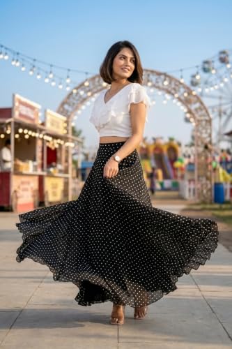 Image of Women's Lycra Top with Georgette Skirt | Polka Dot Print Long Flared Maxi | Full Length Flowy Skirt for Women | Stylish Casual Wear