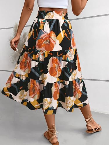 Adigaber Women Skirts Elasticated Waist Vintage Floral Print Ruffles A Line Calf Length Skirts with Drawsting Black - Image 3