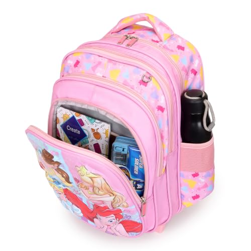 Image of NOVEX Disney Princess Kids Backpack Combo Set for Girls | 17 Inch School Trolley Bag with 2 Wheels, Lunch Box & Stationery Pouch | Soft Polyester Spinner Luggage, Pink Carry-On 45 cm