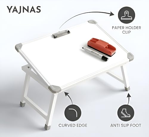 Image of YAJNAS Multipurpose Portable Whiteboard Study Laptop Table | Portable Desk & Lap Bed Table with Height Adjustable for Kids, Home, Office Presentation,Etc, with 1 Marker 1 Duster (White Board)